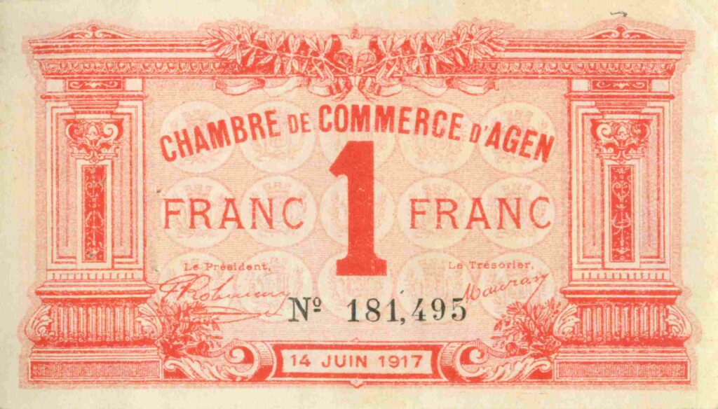 FRANCE billet Chambre de Commerce D'AGEN (47) 1 Fr, 14 Juin 1917