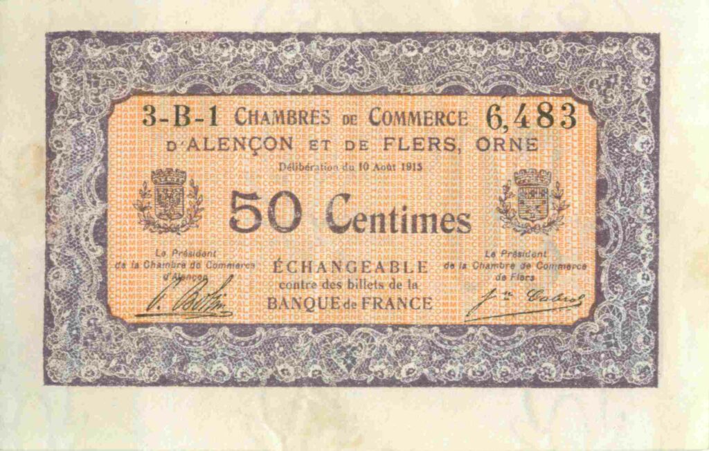 FRANCE billet Chambre de Commerce D'ALENCON et FLERS (61) 50 Cts, 10 Août 1915