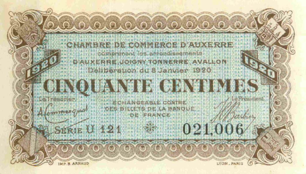 FRANCE billet Chambre de Commerce D'AUXERRE (89) 50 Cts, 8 Janv. 1920