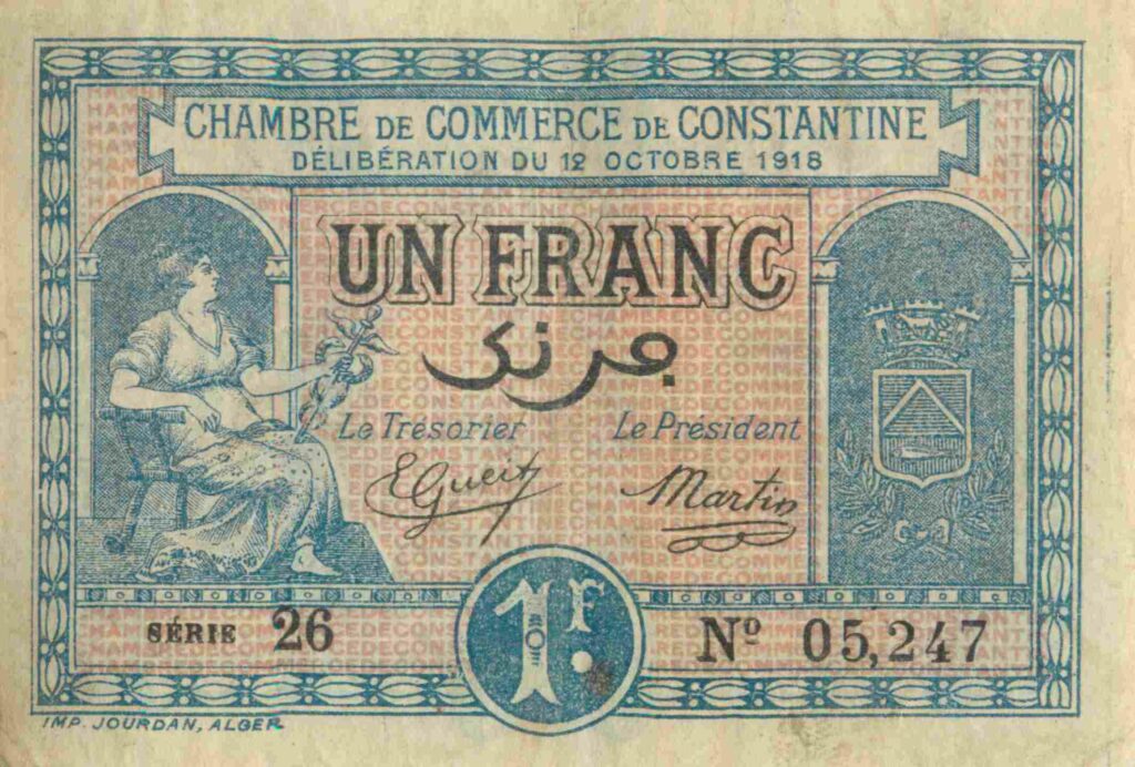 ALGÉRIE billet Chambre de Commerce De CONSTANTINE 1 Fr, 12 Oct. 1919