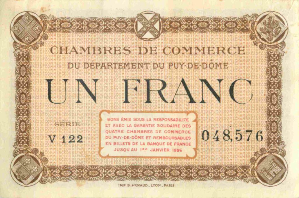 FRANCE billet Chambre de Commerce Du PUY DE DÔME (63) 1 Fr, 1 Janv. 1926