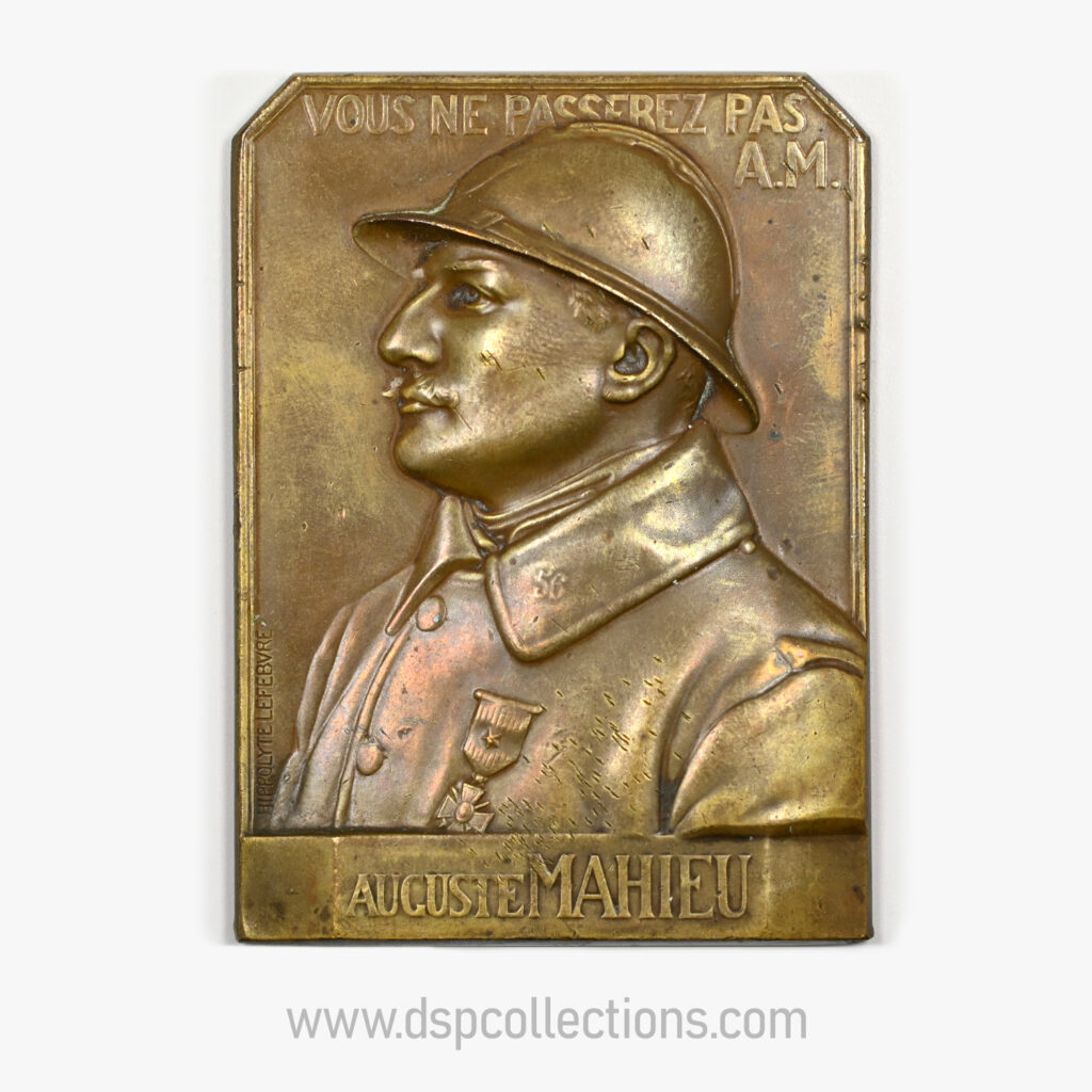 Médaille ou plaque Hommage à Auguste Mahieu 1916 par Hippolyte Lefebvre