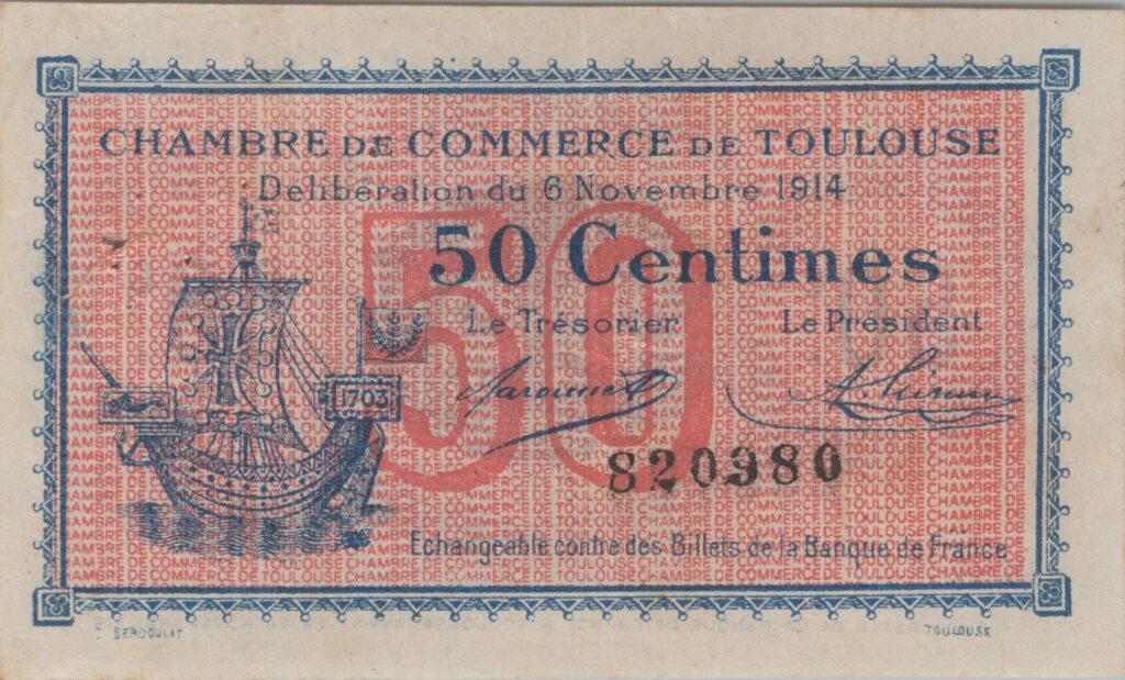 FRANCE billet Chambre de Commerce De TOULOUSE (31) 50 Cts, 20 Nov. 1919