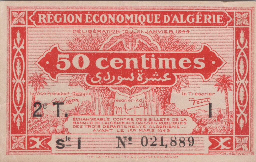 ALGÉRIE billet de 50 Centimes, 31 Janvier 1944 2e tirage