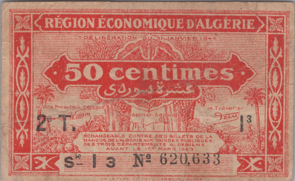 ALGÉRIE billet de 50 Centimes, 31 Janvier 1944 2e tirage