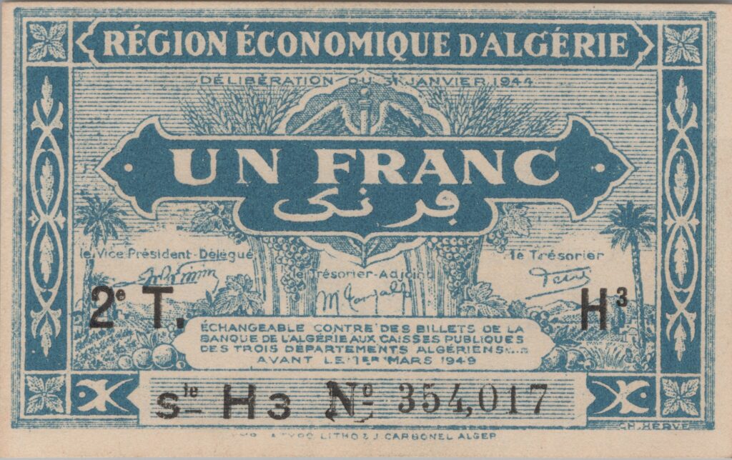 ALGÉRIE billet de 1 Franc, 31 Janvier 1944 2e tirage