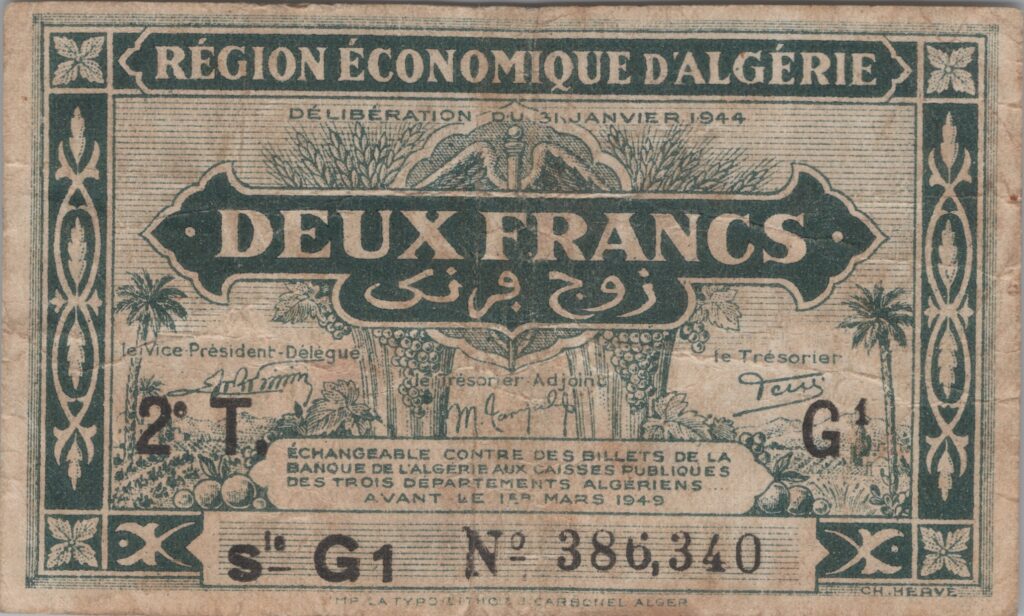 ALGÉRIE billet de 2 Francs, 31 Janvier 1944 2e tirage