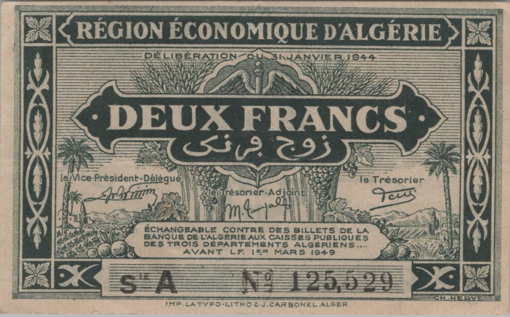 ALGÉRIE billet de 2 Francs, 31 Janvier 1944