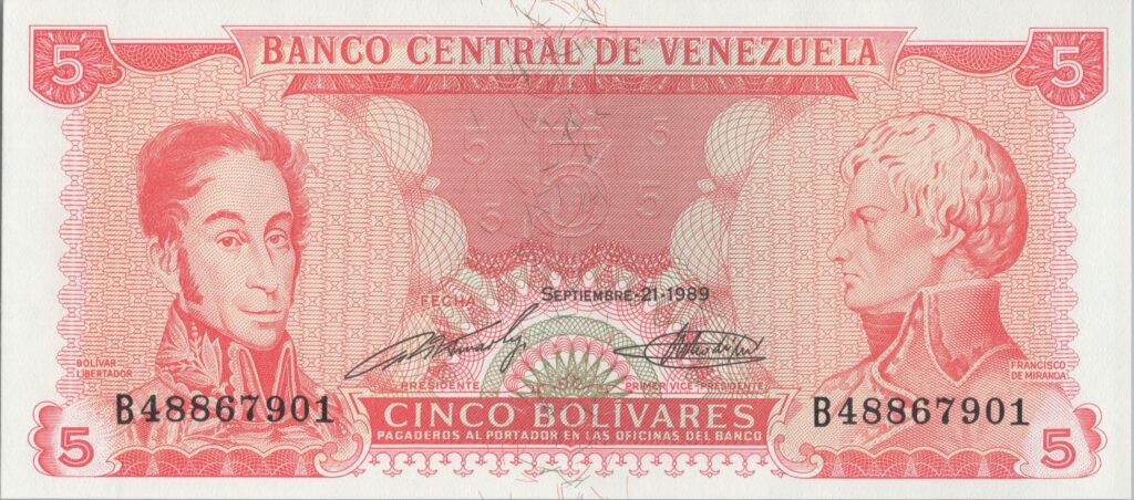 VENEZUELA billet de 5 Bolívares Simon Bolívar et Francisco de Miranda 21-09-1989