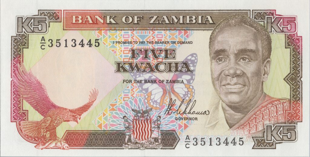ZAMBIE billet de 5 Kwacha Président Kenneth Kaunda ND (1989)