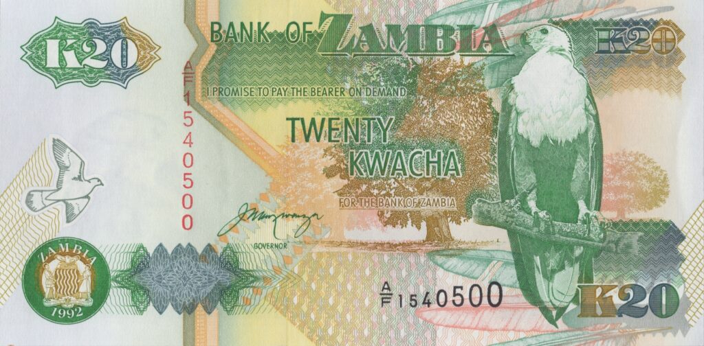 ZAMBIE billet de 20 Kwacha Aigle pêcheur 1992