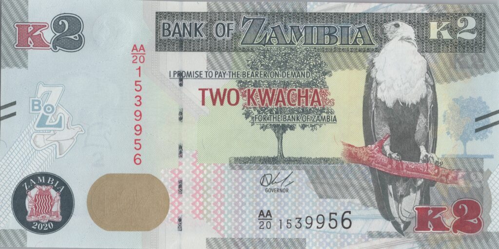 ZAMBIE billet de 2 Kwacha Aigle pêcheur 2020