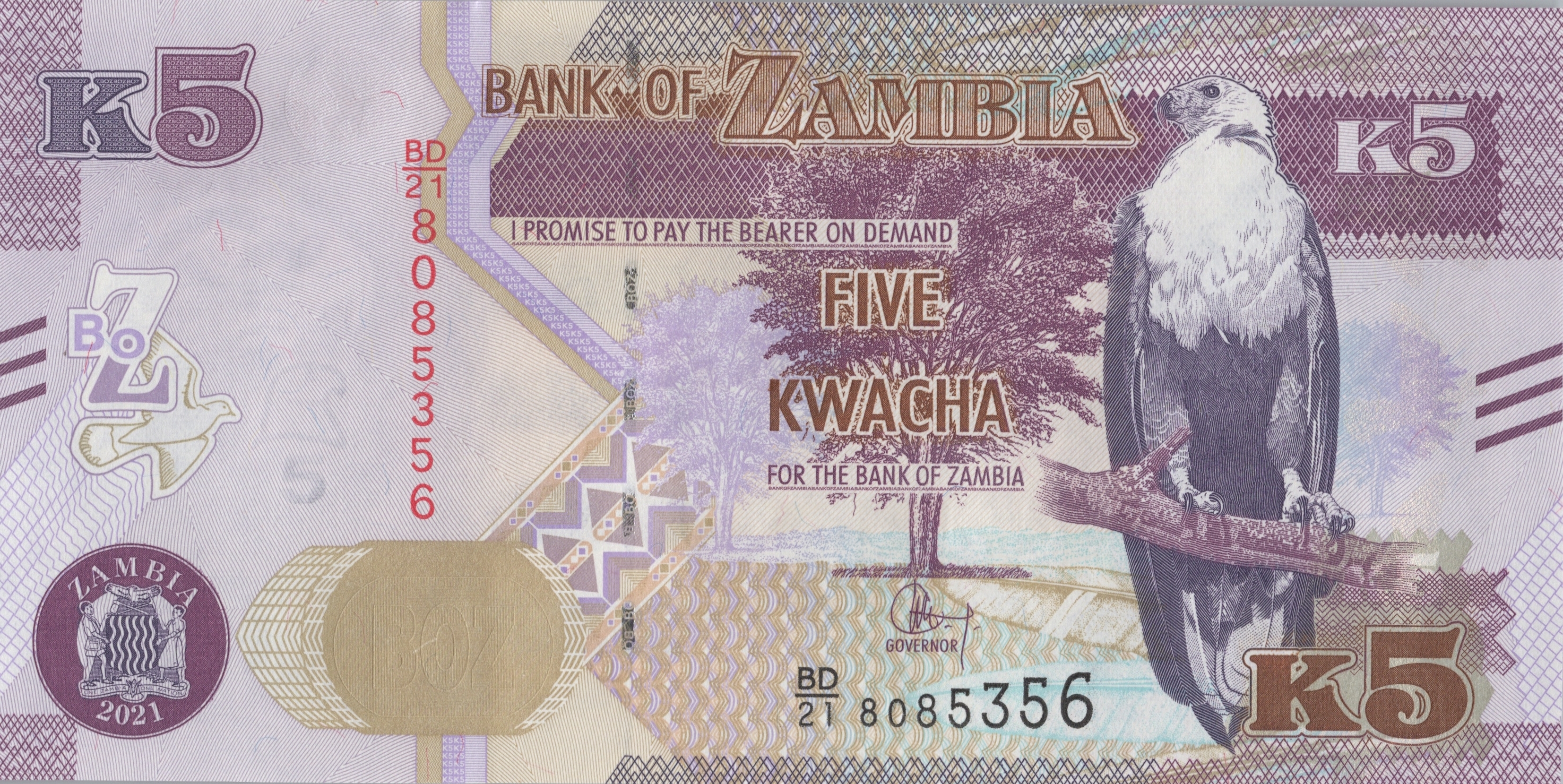 ZAMBIE billet de 5 Kwacha Aigle pêcheur 2021