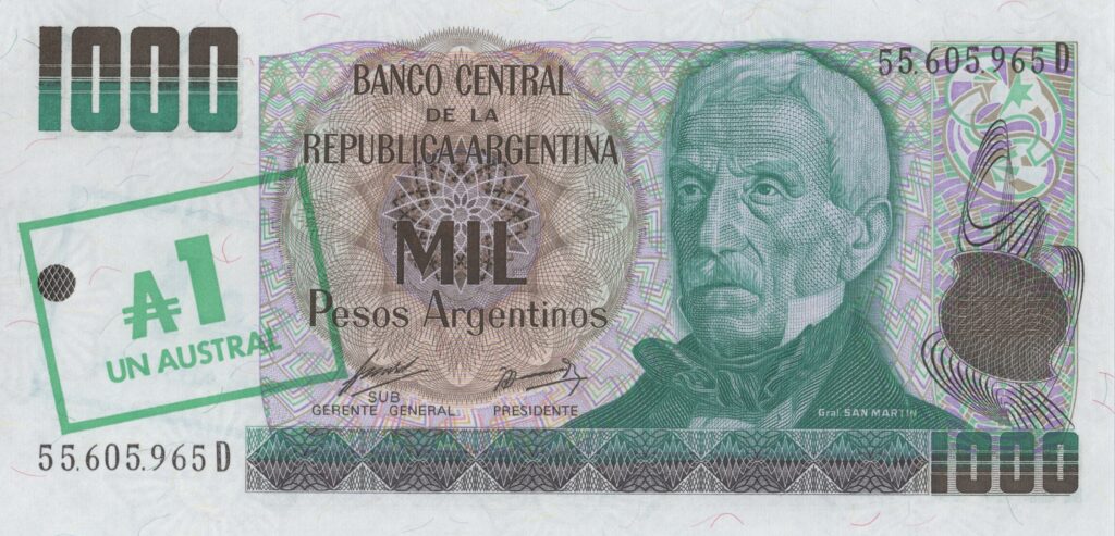 ARGENTINE billet de 1 Austral sur 1.000 Pesos ND (1985) Général José de San Martín
