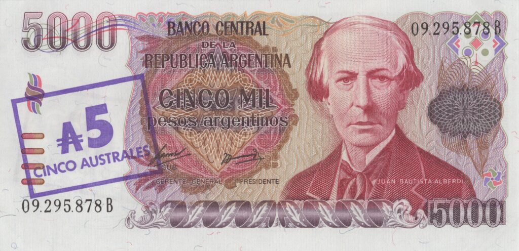 ARGENTINE billet de 5 Australes sur 5.000 Pesos ND (1985) Juan Bautista Alberdi