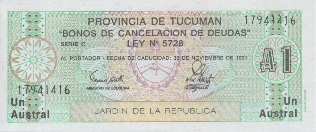 ARGENTINE billet de 1 Austral Province de Tucuman 30.11.1991