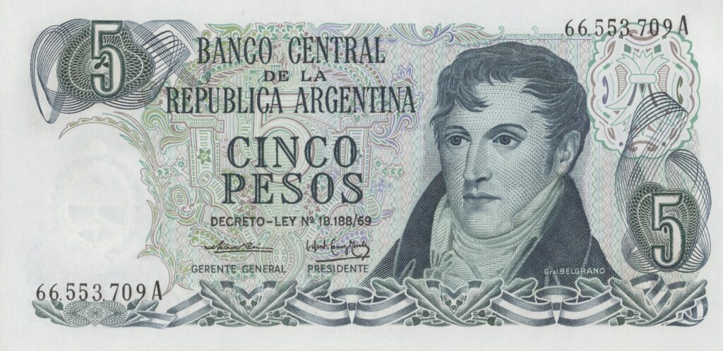 ARGENTINE billet de 5 Pesos ND (1974/76) Général Manuel Belgrano