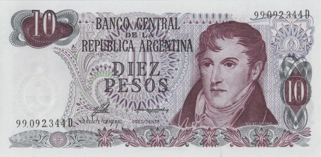 ARGENTINE billet de 10 Pesos ND (1976) Général Manuel Belgrano
