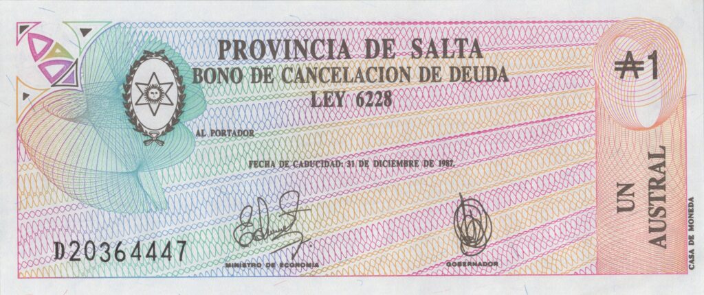 ARGENTINE billet de 1 Austral Province de Salta 31.12.1987