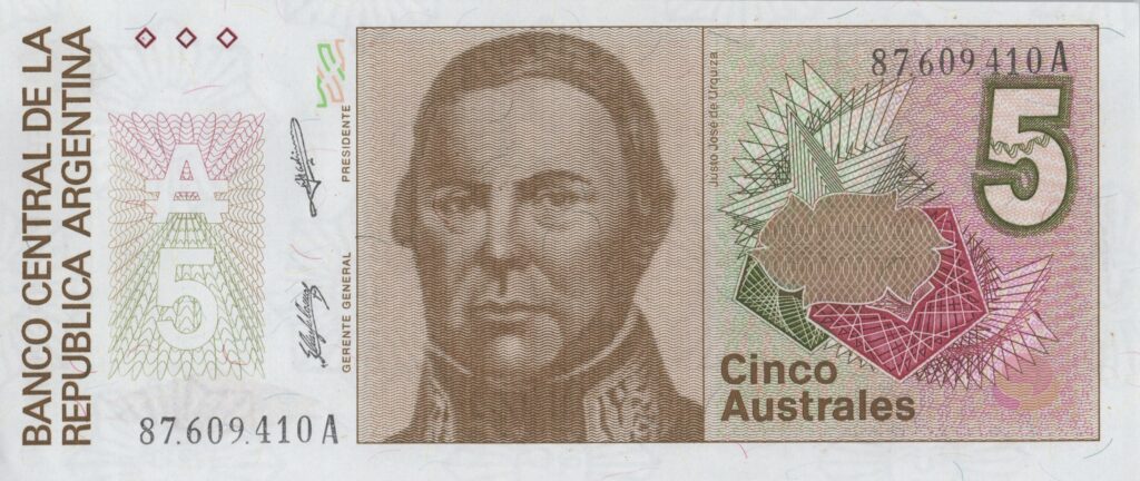 ARGENTINE billet de 5 Australes ND (1985/89) Justo José de Urquiza