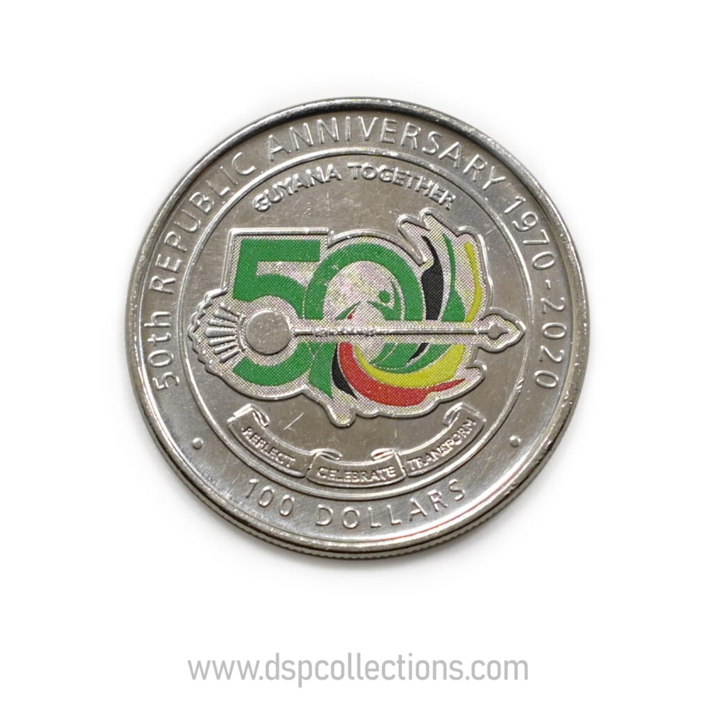 GUYANA, pièce de 100 Dollars 2020, 50 ans de la République 1970-2020, colorisée