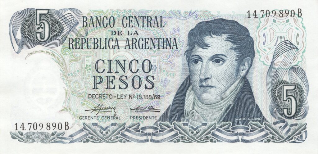 ARGENTINE billet de 5 Pesos ND (1974/76) Général Manuel Belgrano