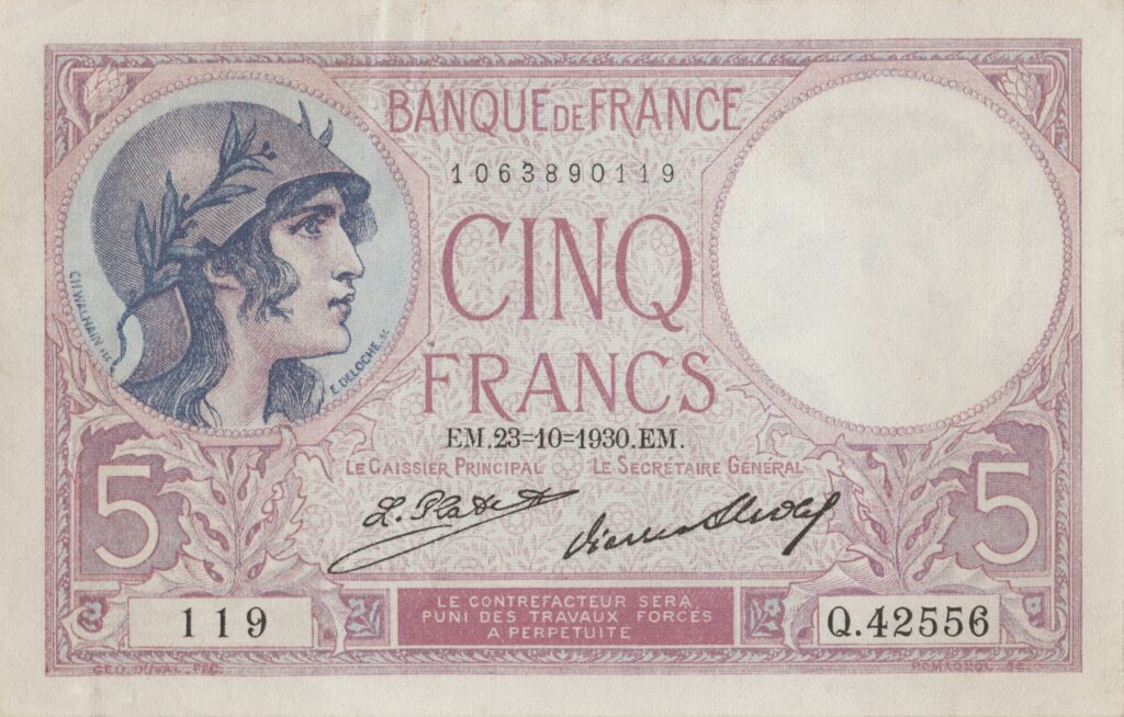 FRANCE billet de 5 Francs Violet ou Femme casquée 32-10-1930