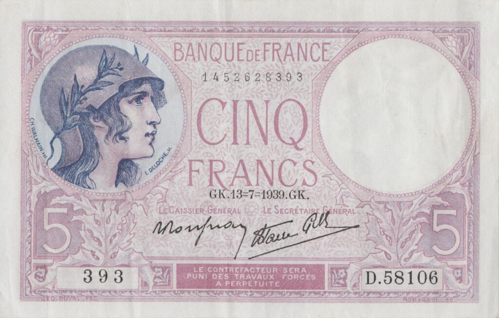 FRANCE billet de 5 Francs Violet ou Femme casquée 13-07-1939 modifié