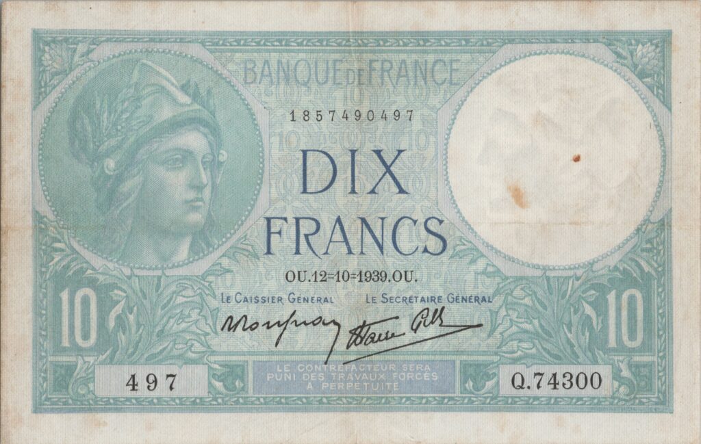 FRANCE billet de 10 Francs Minerve 12-10-1939 modifié