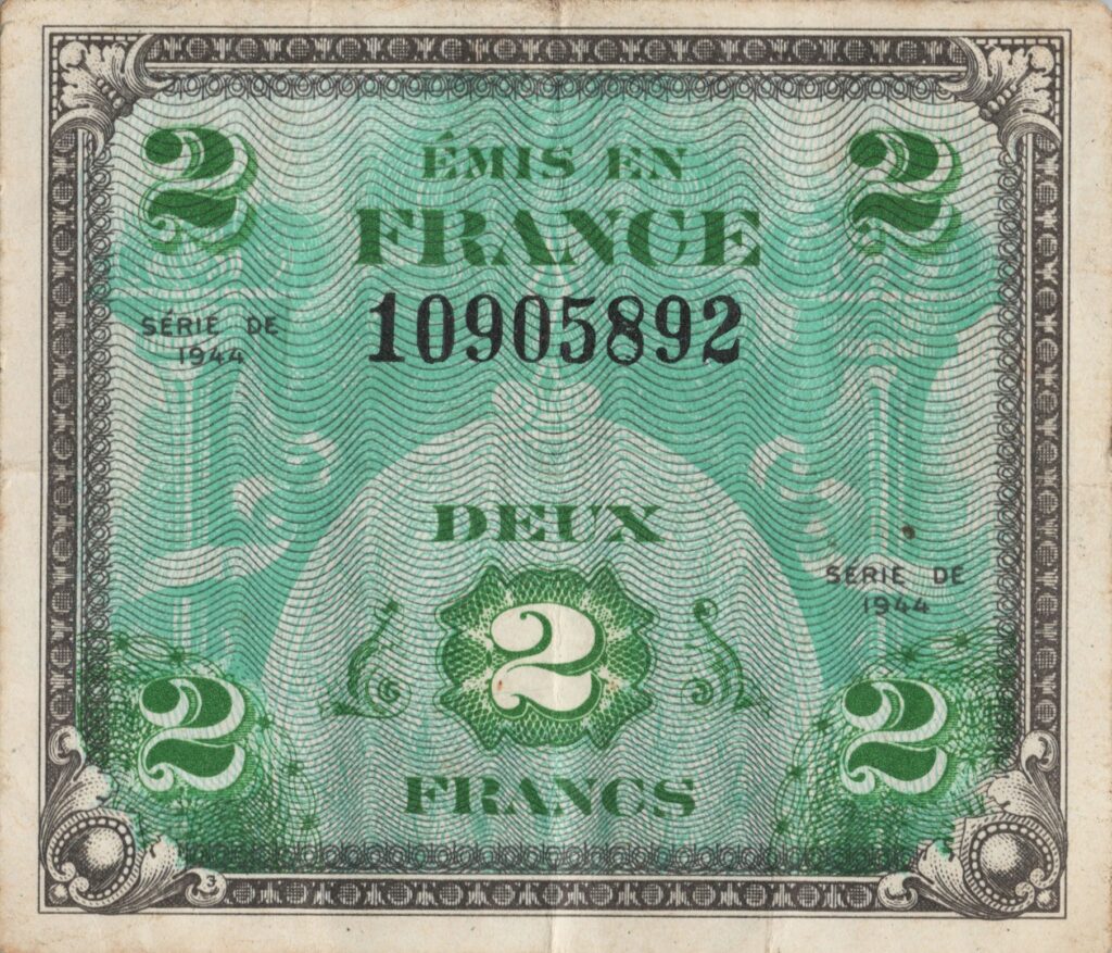 FRANCE billet de 2 francs 1944 Drapeau, sans série