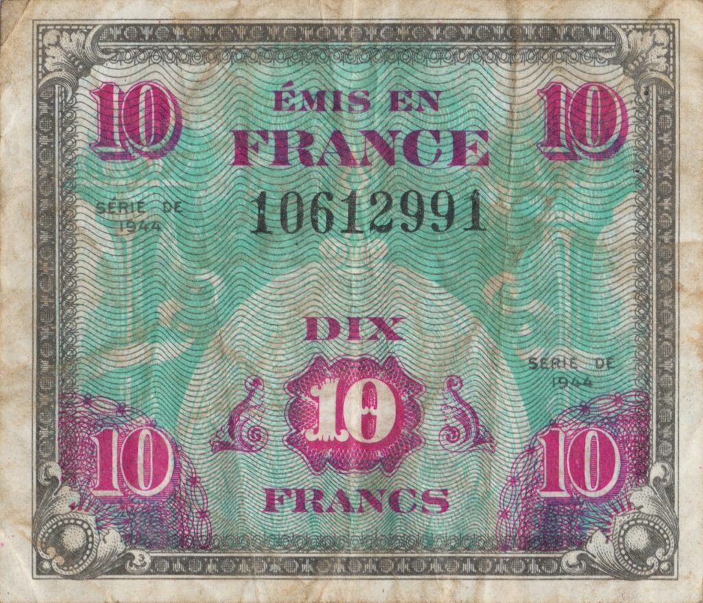 FRANCE billet de 10 francs 1944 Drapeau, sans série