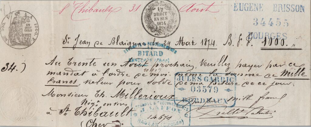 FRANCE traite bancaire de 44,15 Francs, J.C GUINNEOLLAUD, Angoulême 24 Mars 1874