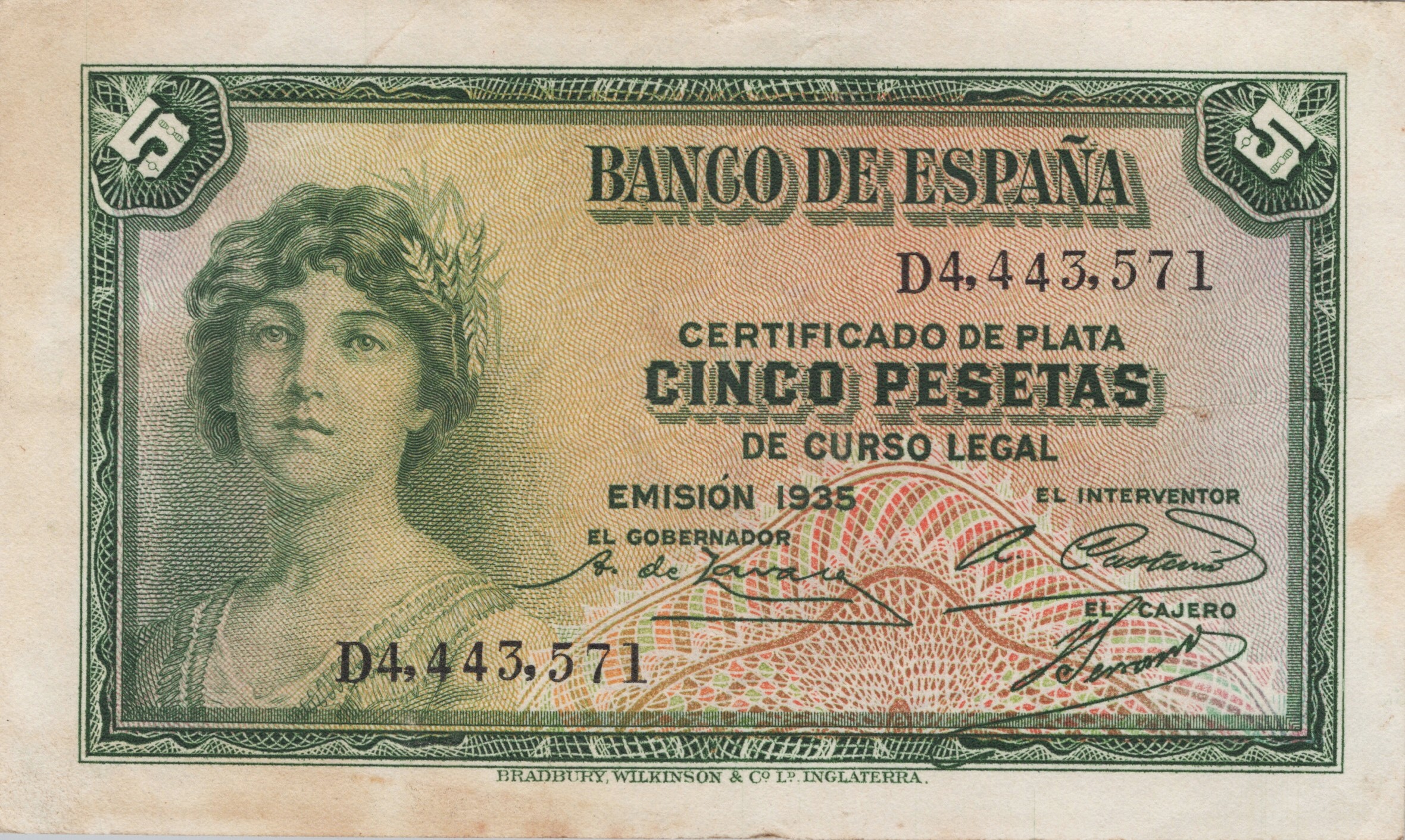 ESPAGNE billet de 5 Pesetas 1935, allégorie de la République