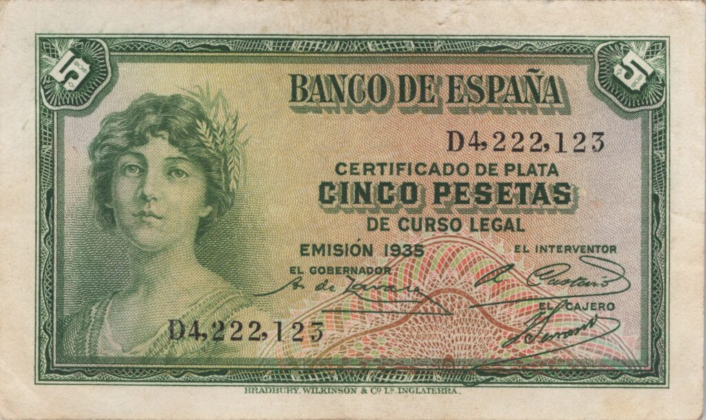 ESPAGNE billet de 5 Pesetas 1935, allégorie de la République