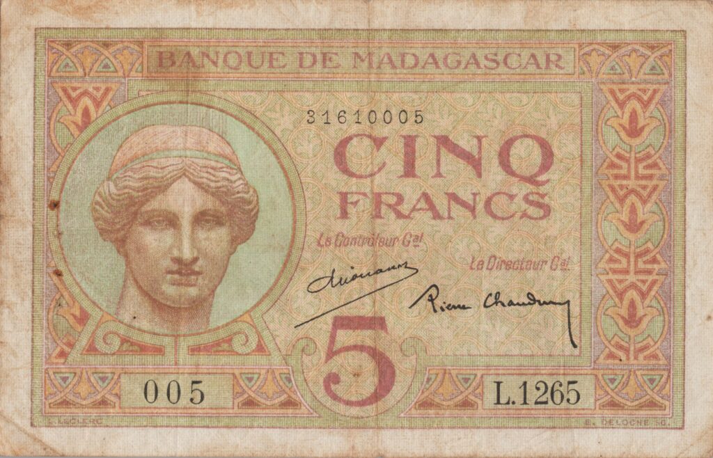 MADAGASCAR billet de 5 Francs, Déesse Junon ND (1937)