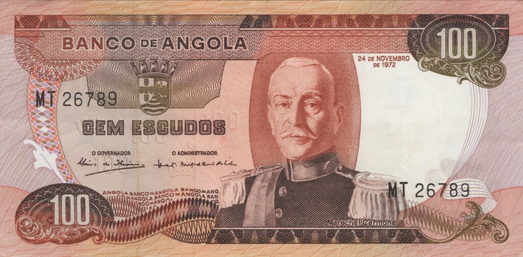 ANGOLA billet colonie portugaise de 100 Escudos 24-11-1972, Marechal Carmona