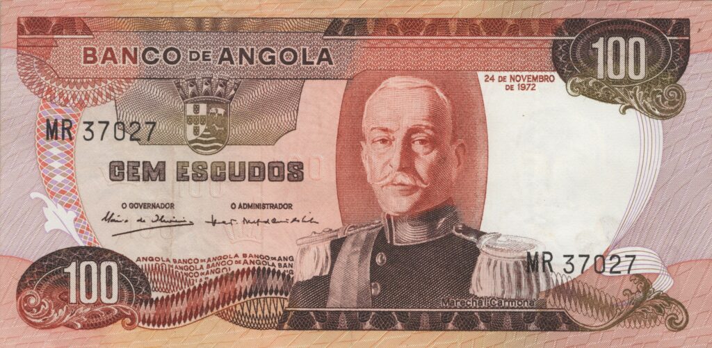 ANGOLA billet colonie portugaise de 100 Escudos 24-11-1972, Marechal Carmona