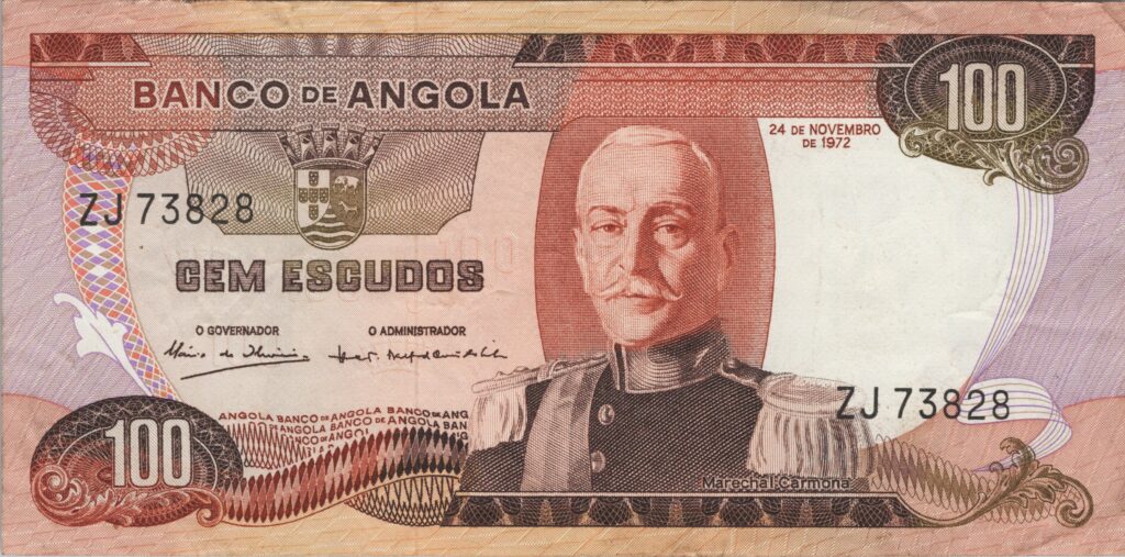 ANGOLA billet colonie portugaise de 100 Escudos 24-11-1972, Marechal Carmona