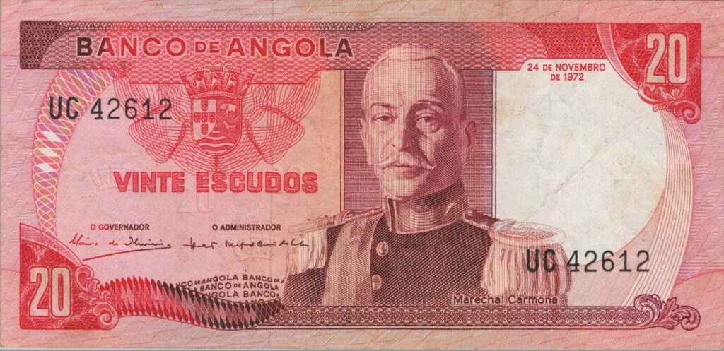 ANGOLA billet colonie portugaise de 20 Escudos 24-11-1972, Marechal Carmona