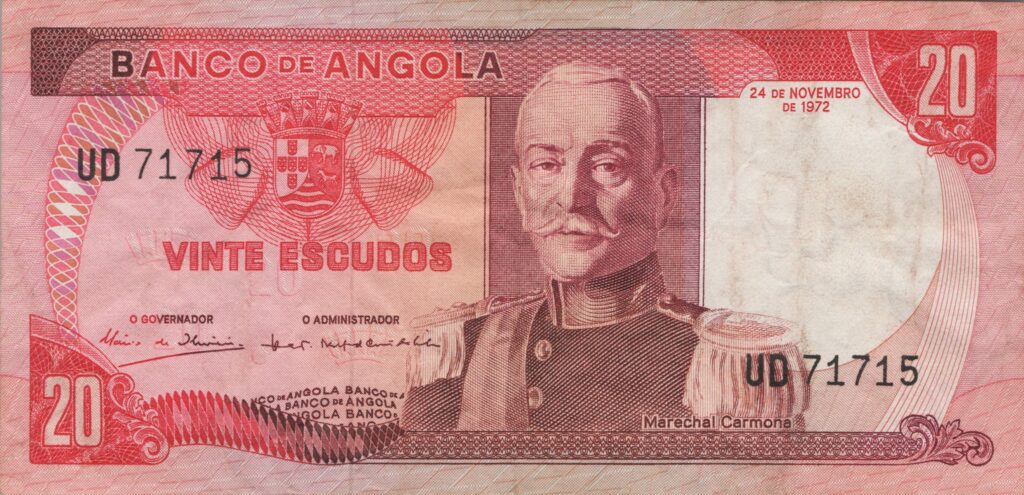 ANGOLA billet colonie portugaise de 20 Escudos 24-11-1972, Marechal Carmona