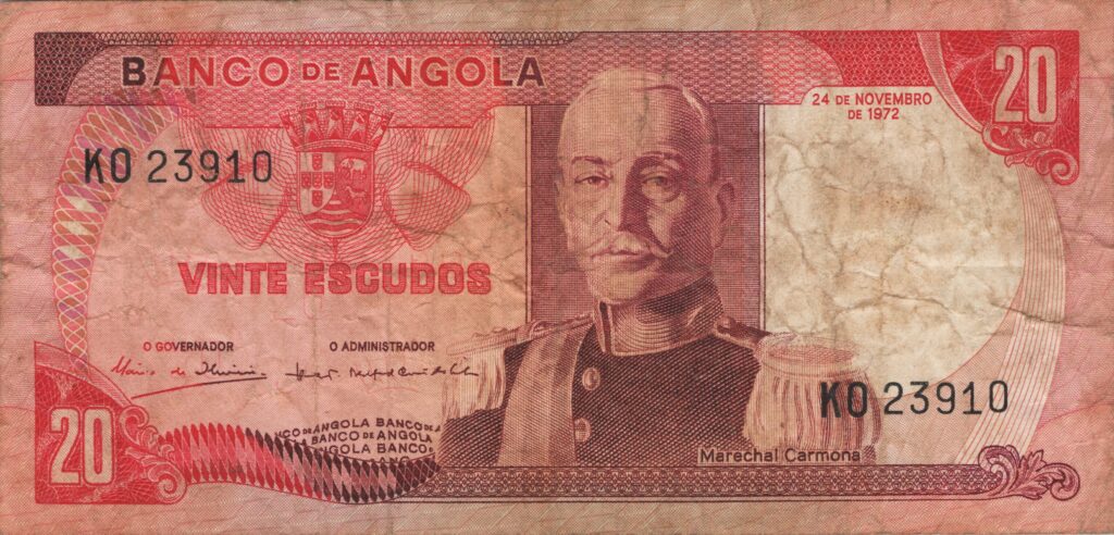 ANGOLA billet colonie portugaise de 20 Escudos 24-11-1972, Marechal Carmona