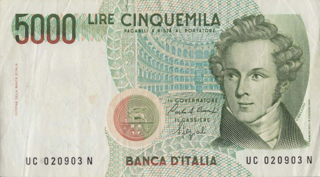 ITALIE billet de 5.000 Lire 04-01-1985, Vincenzo Bellini