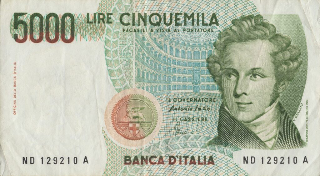 ITALIE billet de 5.000 Lire 04-01-1985, Vincenzo Bellini