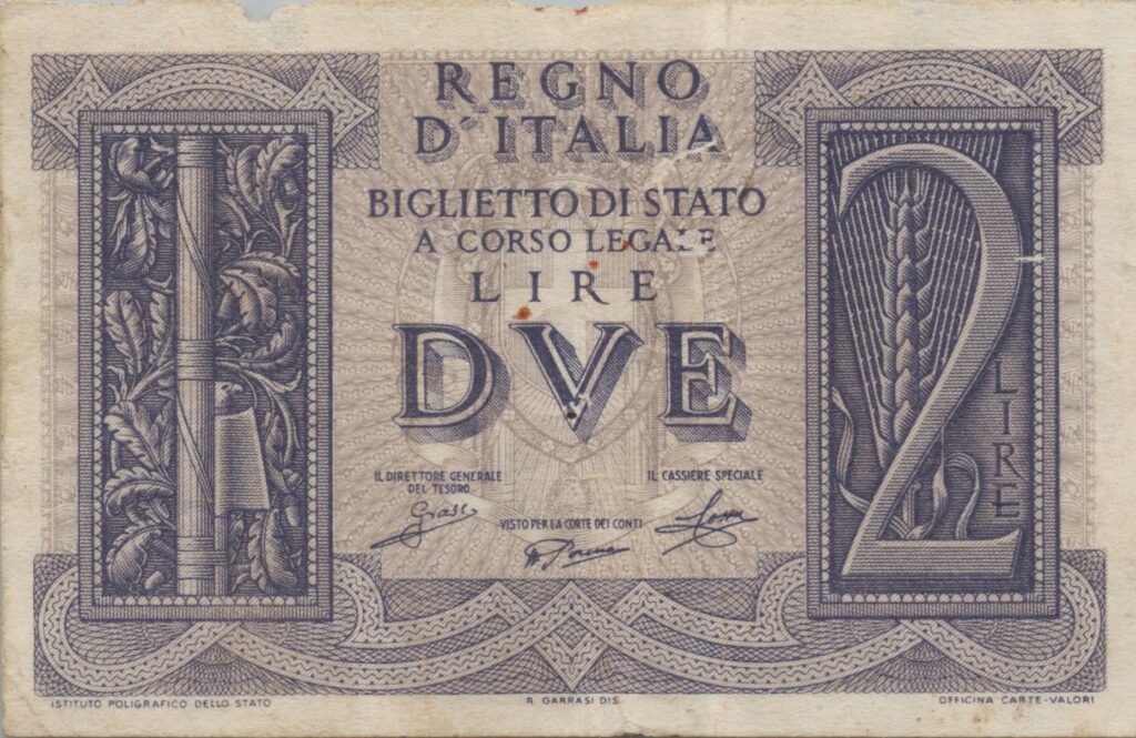 ITALIE billet de 2 Lire Décret ministériel 14.11.1939