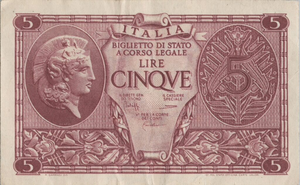 ITALIE billet de 5 Lire Décret ministériel 23.11.1944