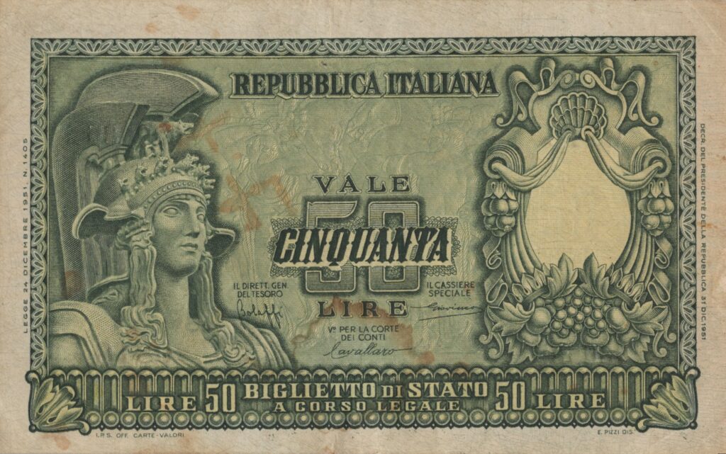 ITALIE billet de 50 Lire Athena 31-12-1951