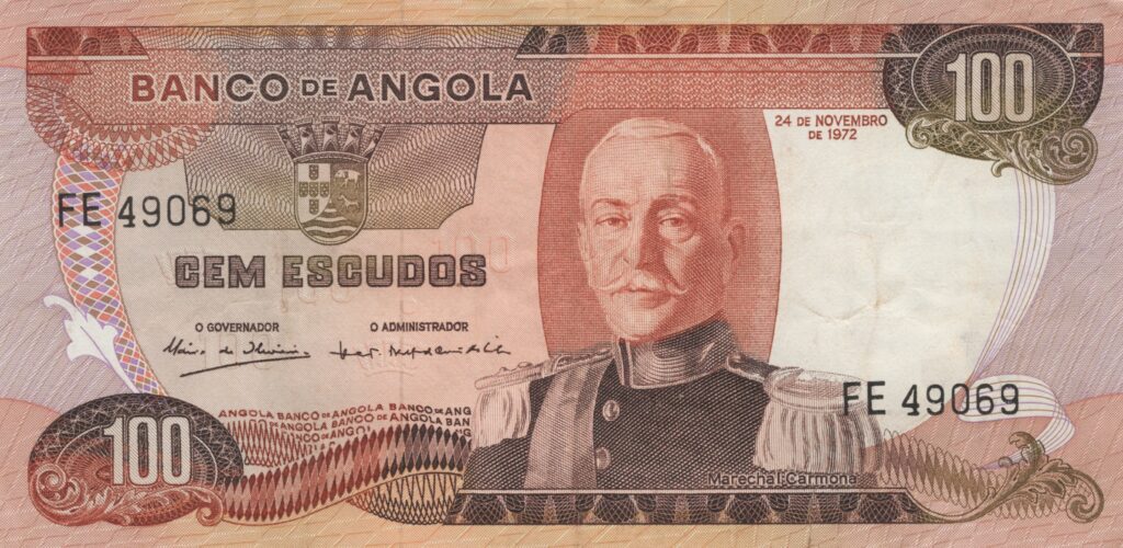 ANGOLA billet colonie portugaise de 100 Escudos 24-11-1972, Marechal Carmona