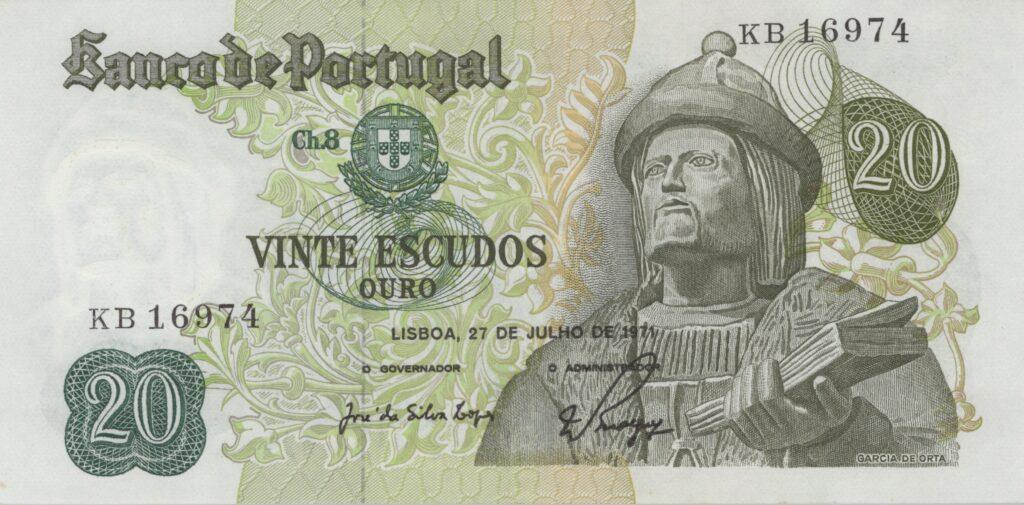 PORTUGAL billet de 20 Escudos 27-07-1971, Garcia de Orta - Pick-173(1)