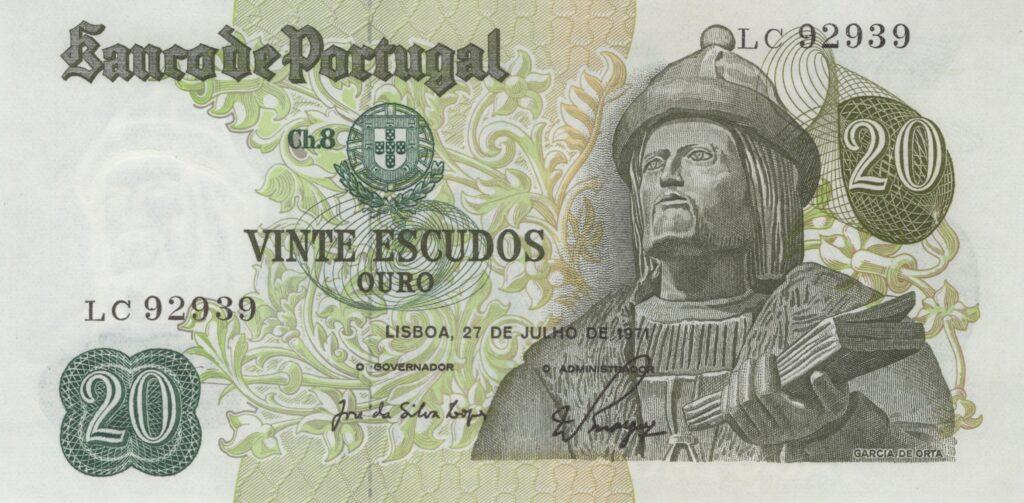 PORTUGAL billet de 20 Escudos 27-07-1971, Garcia de Orta - Pick-173(1)