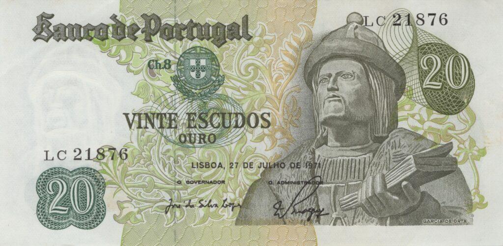 PORTUGAL billet de 20 Escudos 27-07-1971, Garcia de Orta - Pick-173(1)